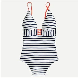 J. Crew V-neck Crisscross One-piece Swimsuit in Navy Textured Stripe Sz 24
